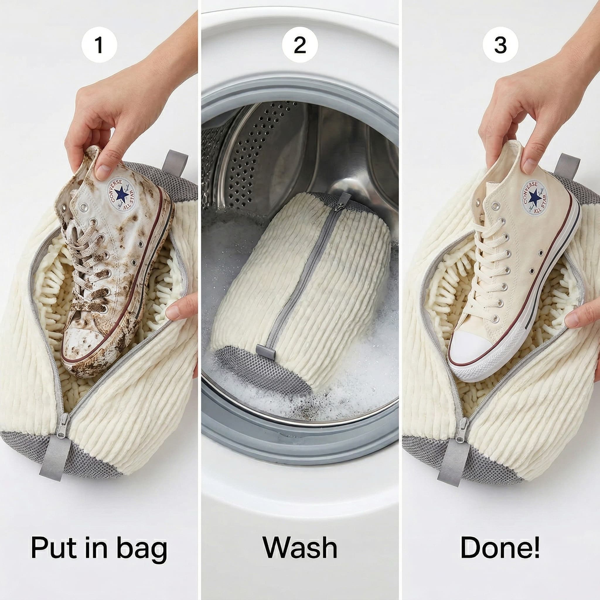 Shoe Wash Bag - how it works - put in bag, wash, done